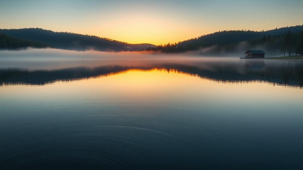 Serene sunrise over Deep Creek Lake, tranquil atmosphere, forested mountains and rustic cabins reflected in still water